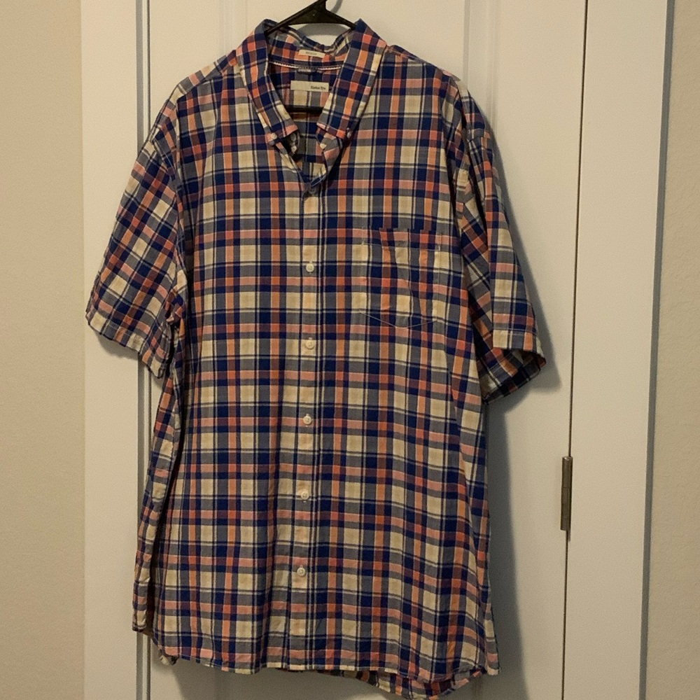 Classic Blue and Orange Plaid Button Down Short Sleeve Shirt